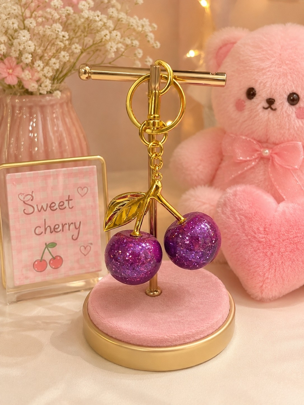 Glitter Purple Cherry Keychain with Gold Hardware